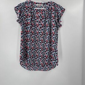Black Rainn Geo Printed Blouse Womens Small Multi Color Short Sleeve Indie Artsy